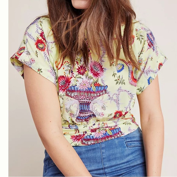 Anthropologie Tops - Anthropologie Maeve Garden Silk Top Shirt Blouse US 6 Floral Birds Short Sleeves